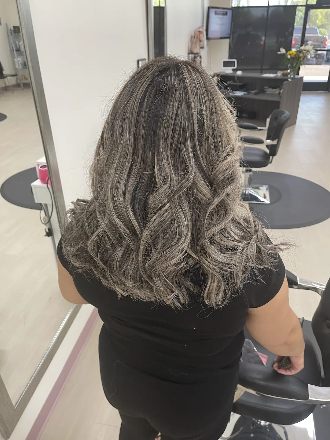 smoky ash silver balayage shoulder-length waves
