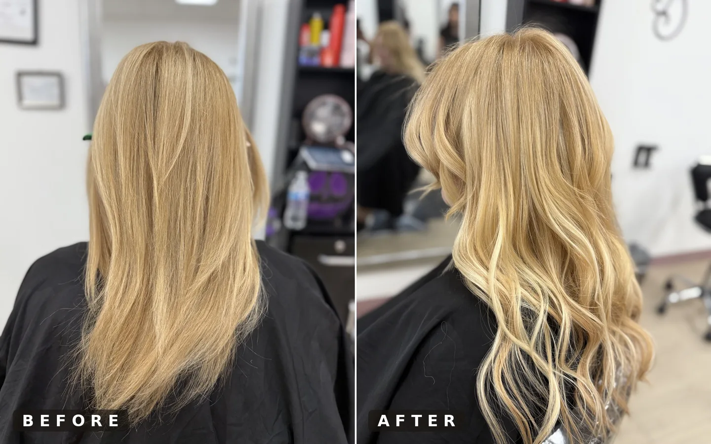 before and after blonde hair extensions — added length and volume, back view