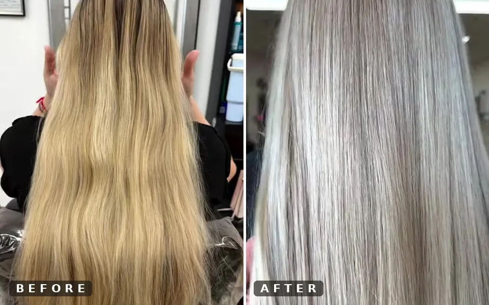 before and after keratin smoothing treatment — golden waves to sleek glass hair